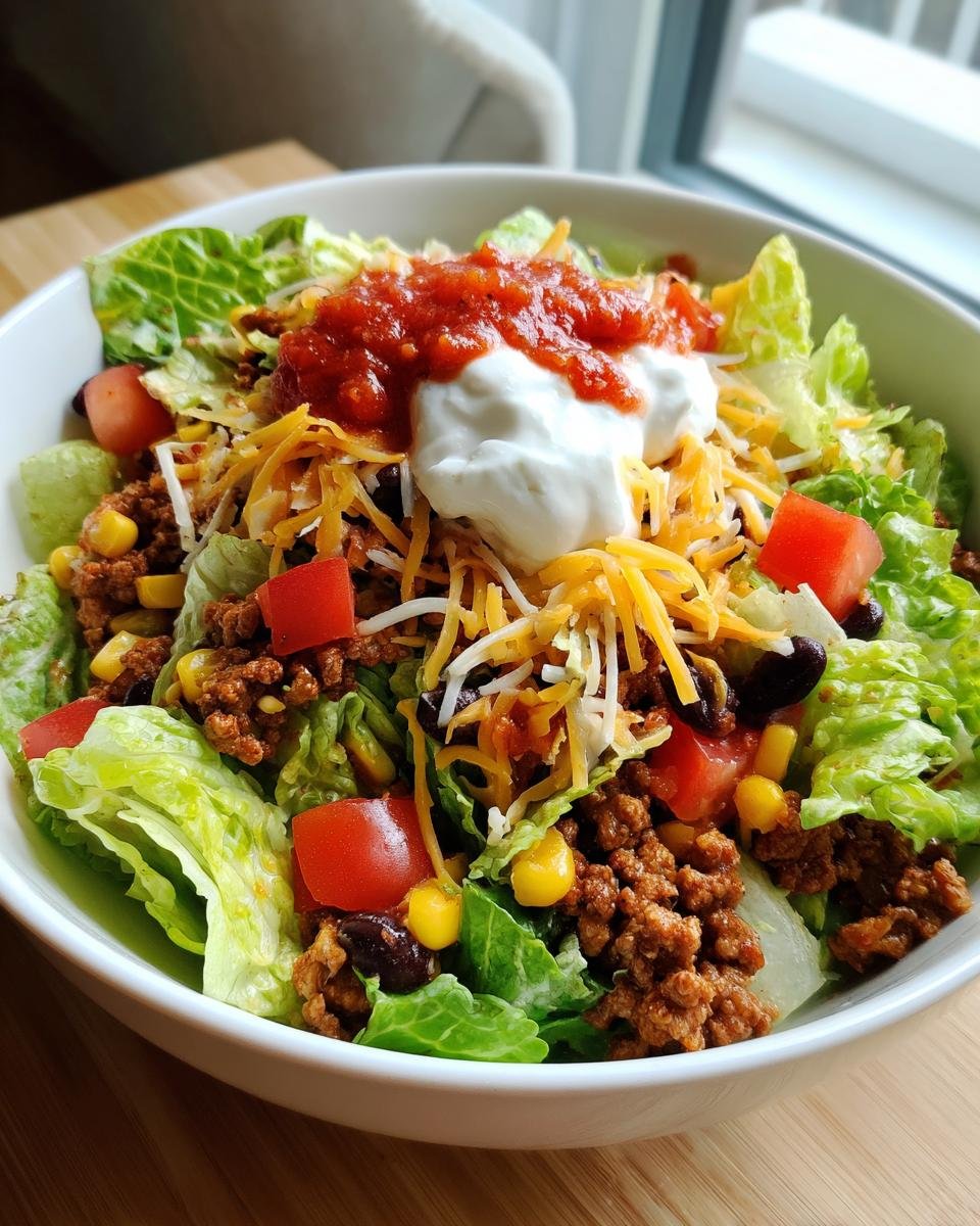 Nahaufnahme einer fertigen Turkey Taco Salad Bowl mit Salat, Hackfleisch, K&auml;se, Mais, Tomaten und einem Klecks Sauerrahm und Salsa.