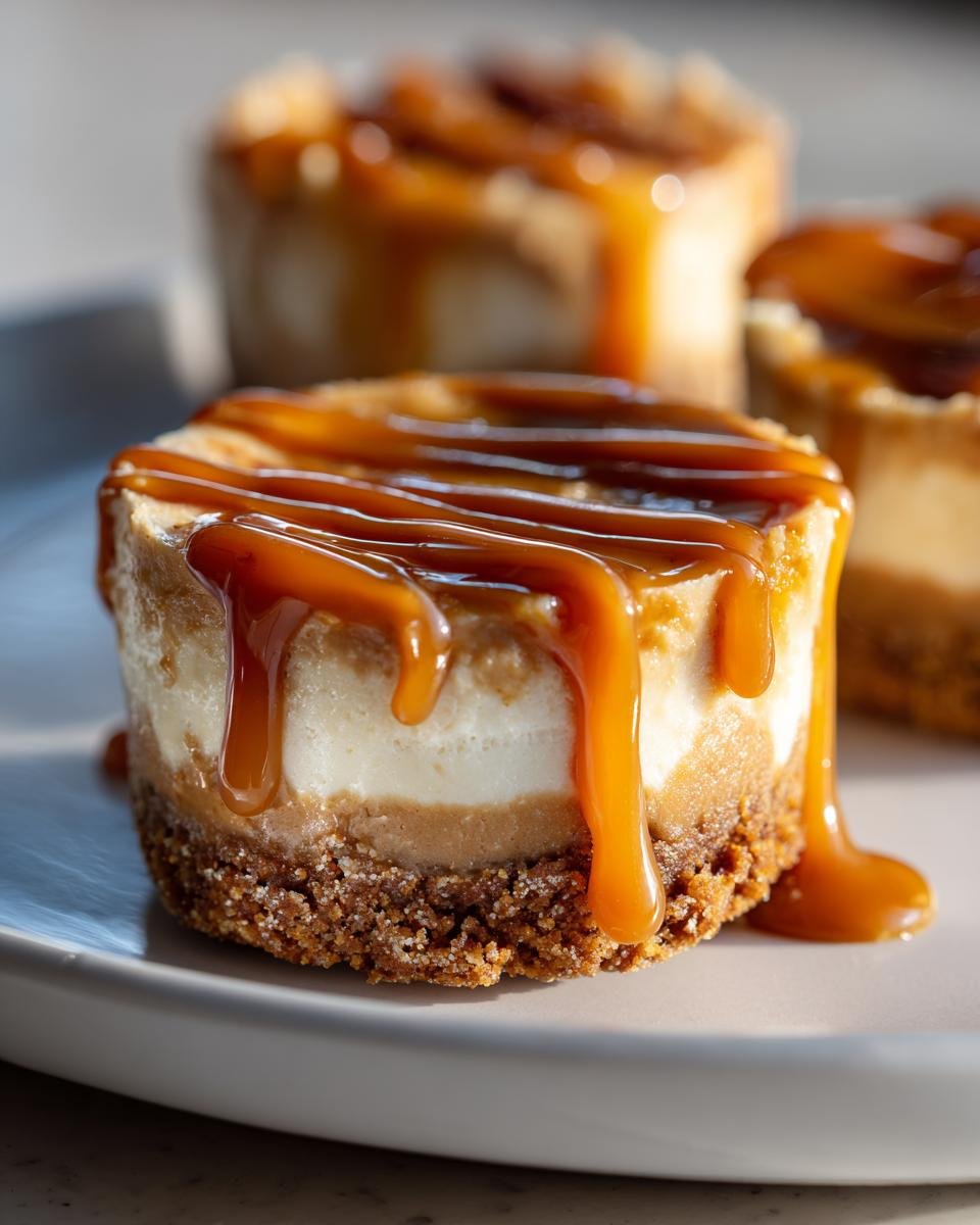 Nahaufnahme eines der unwiderstehlichen Erdnussbutter Karamell Mini-Cheesecakes mit fl&uuml;ssigem Karamell-Topping.