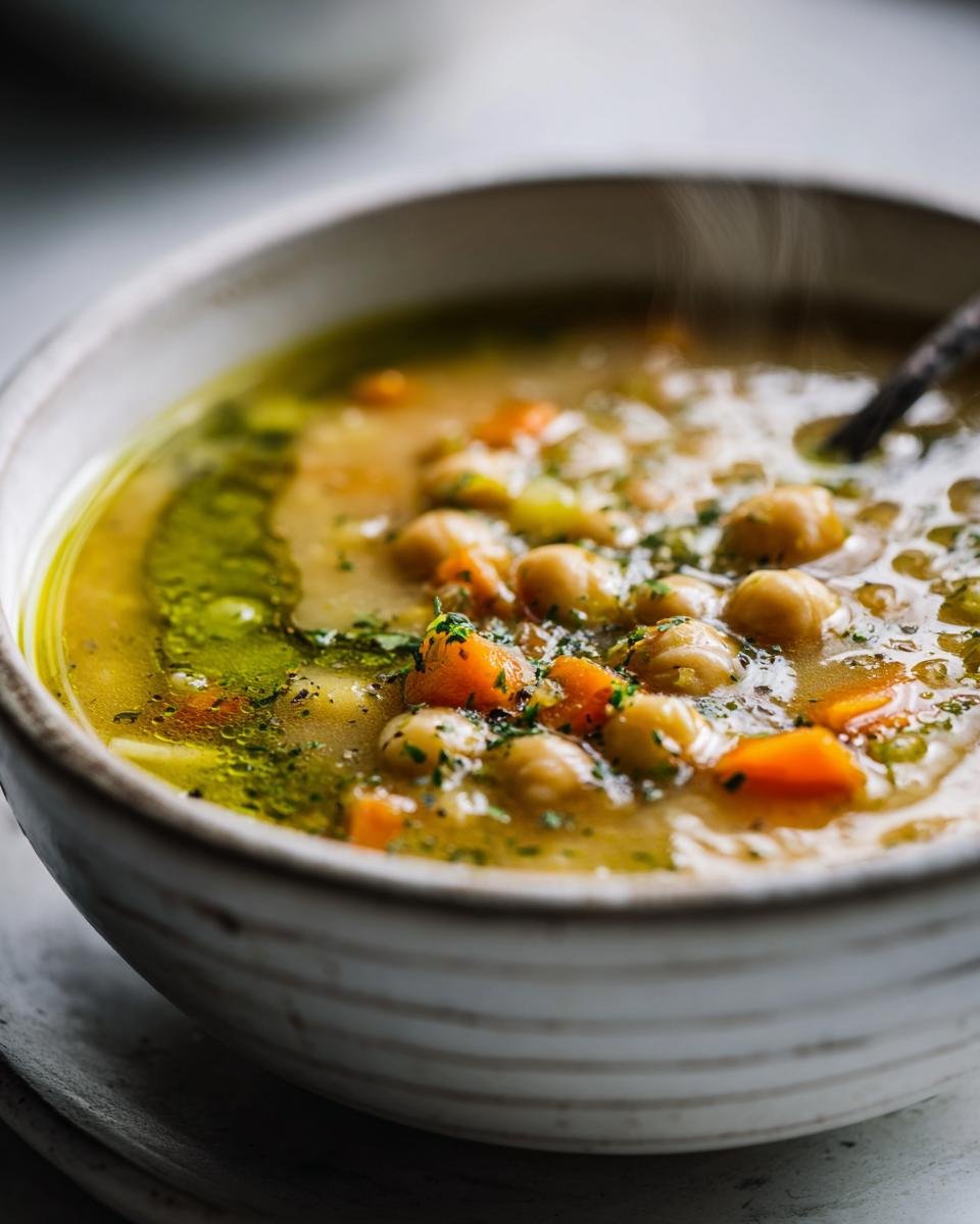 Nahaufnahme einer dampfenden Sch&uuml;ssel mit Warm And Hearty Greek Chickpea Soup, garniert mit Petersilie und Oliven&ouml;l.
