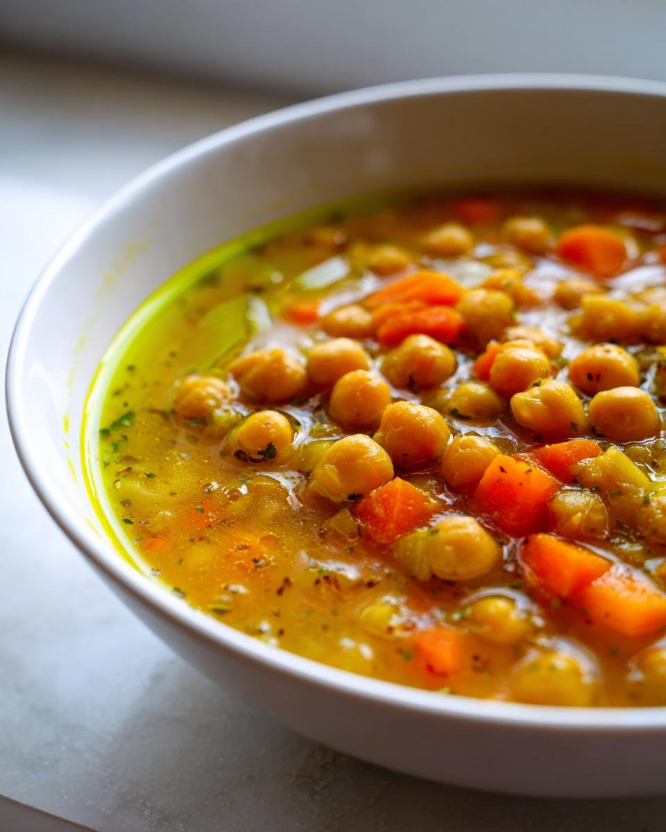 Nahaufnahme einer Sch&uuml;ssel mit Warm And Hearty Greek Chickpea Soup, gef&uuml;llt mit Kichererbsen und Karotten in einer gelben Br&uuml;he.