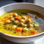 Nahaufnahme einer Sch&uuml;ssel mit Warm And Hearty Greek Chickpea Soup, garniert mit Petersilie und Gew&uuml;rzen.