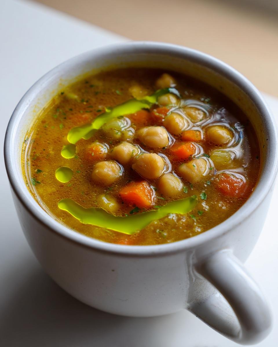 Nahaufnahme einer Tasse mit Warm And Hearty Greek Chickpea Soup, garniert mit Oliven&ouml;l und Karottenst&uuml;cken.