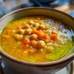 Nahaufnahme einer Sch&uuml;ssel mit warmer und herzhafter griechischer Kichererbsensuppe, reich an Kichererbsen und Karottenst&uuml;cken.