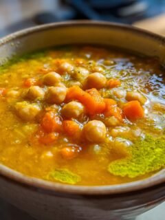 Nahaufnahme einer Schüssel mit warmer und herzhafter griechischer Kichererbsensuppe, reich an Kichererbsen und Karottenstücken.