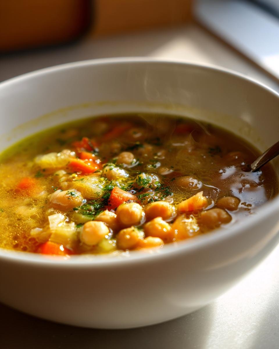 Nahaufnahme einer dampfenden Sch&uuml;ssel mit warmer und herzhafter griechischer Kichererbsensuppe, reich an Kichererbsen und Gem&uuml;se.