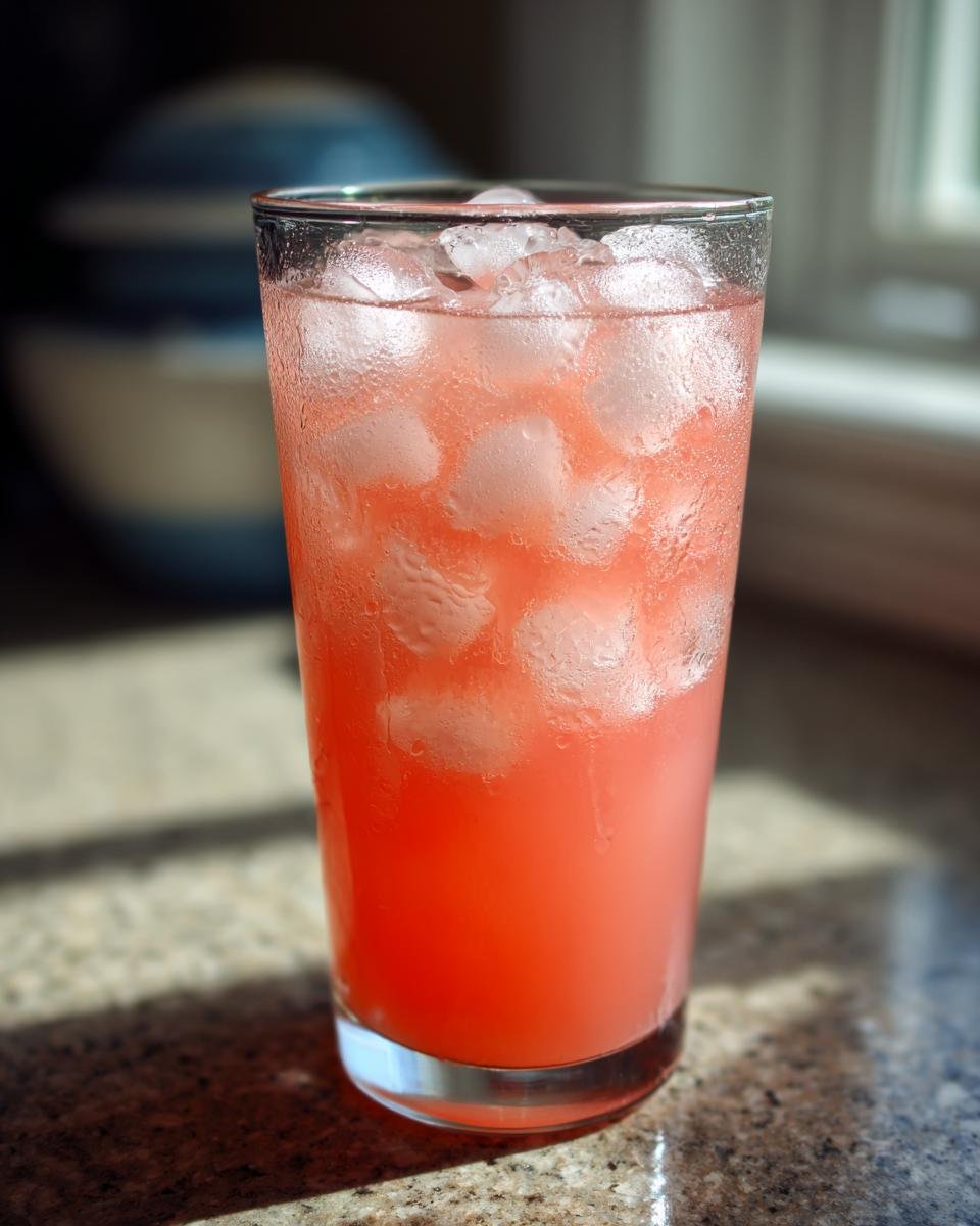 Nahaufnahme eines hohen Glases mit einem k&uuml;hlen, rosafarbenen Watermelon Lemonade Cooler und viel Eis.