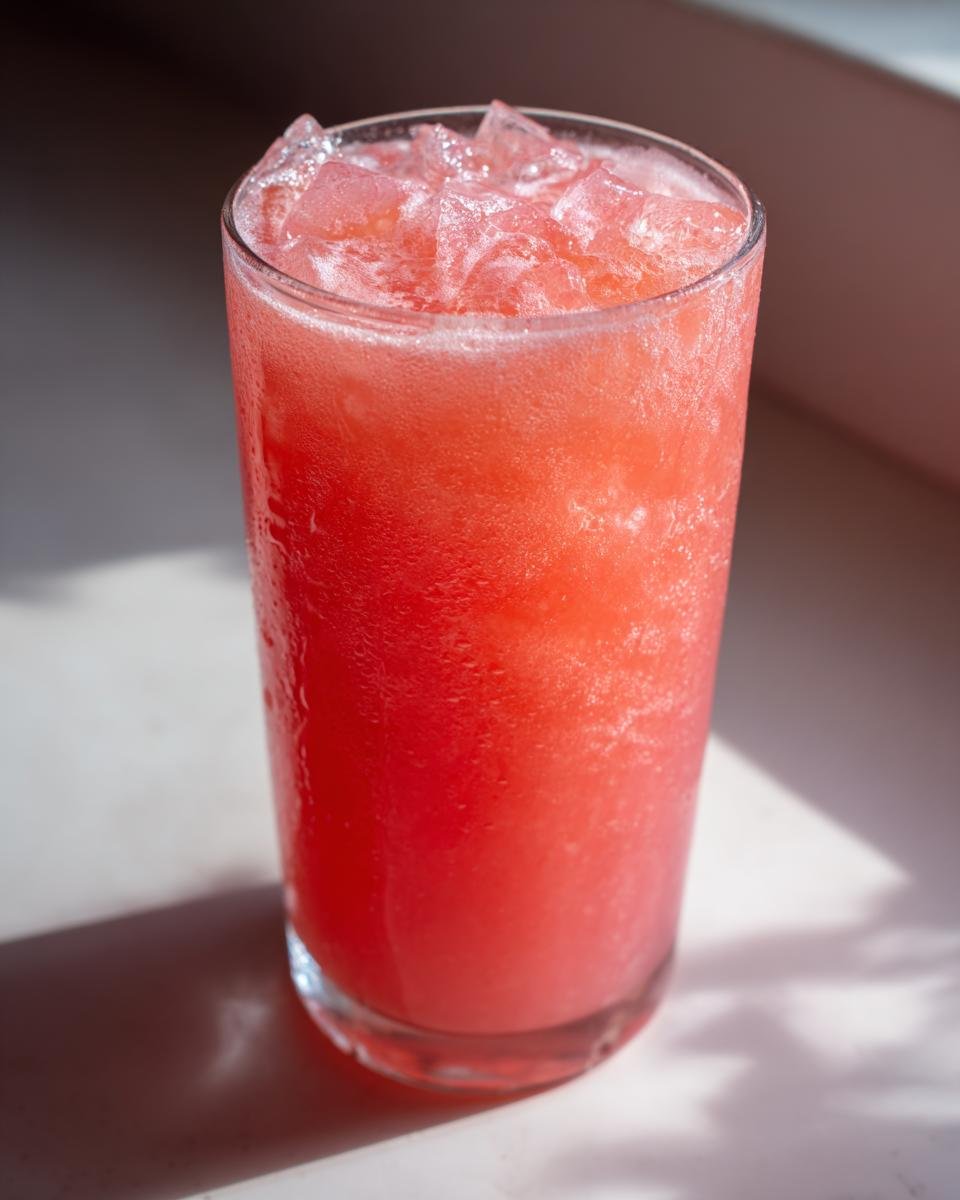 Nahaufnahme eines hohen Glases mit leuchtend rotem Watermelon Lemonade Cooler und viel zersto&szlig;enem Eis.
