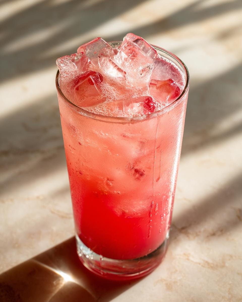 Nahaufnahme eines hohen Glases mit leuchtend rotem Watermelon Lemonade Cooler, gef&uuml;llt mit Eisw&uuml;rfeln.