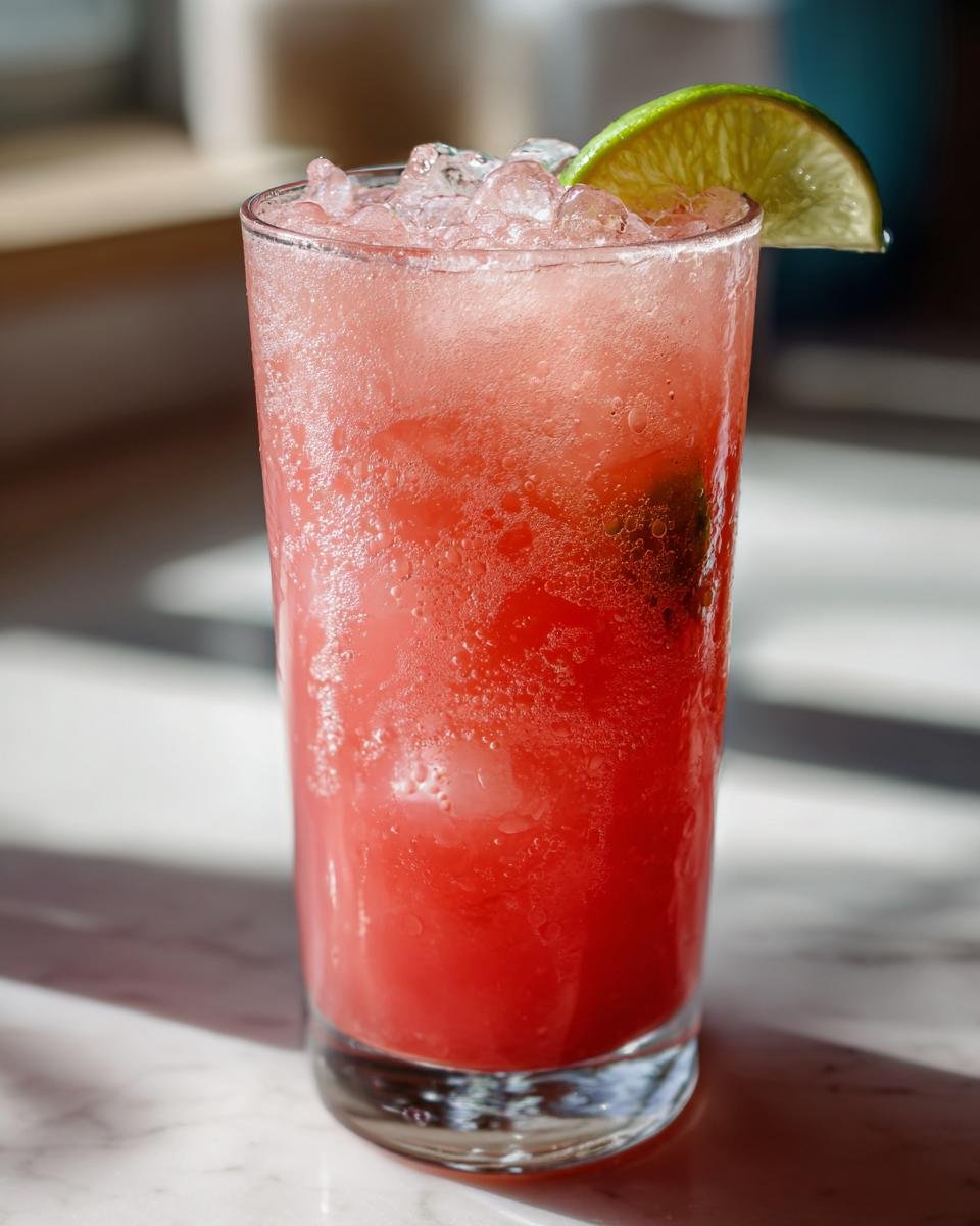 Nahaufnahme eines hohen Glases mit einem leuchtend roten Watermelon Lemonade Cooler, gef&uuml;llt mit Crushed Ice und einer Limettenscheibe.