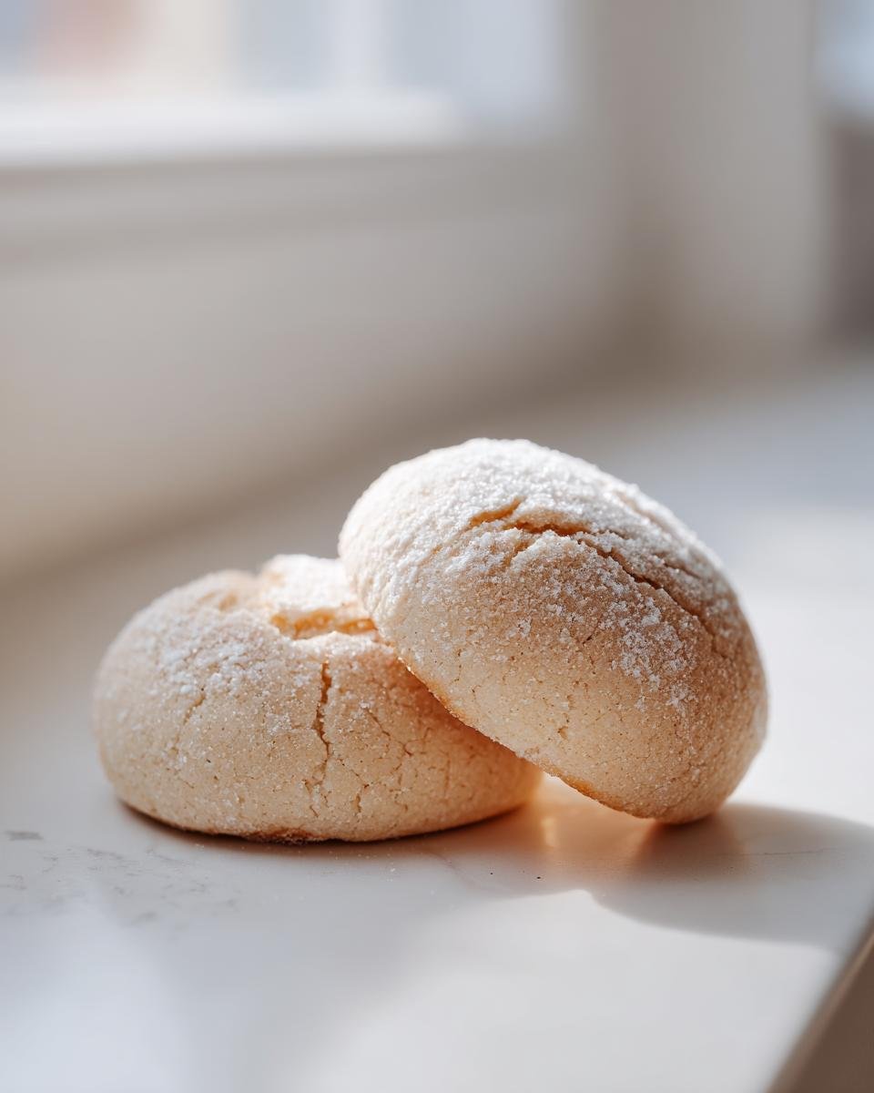 Zwei weiche Milchkekse, leicht mit Puderzucker best&auml;ubt, liegen auf einer hellen Oberfl&auml;che im Sonnenlicht.
