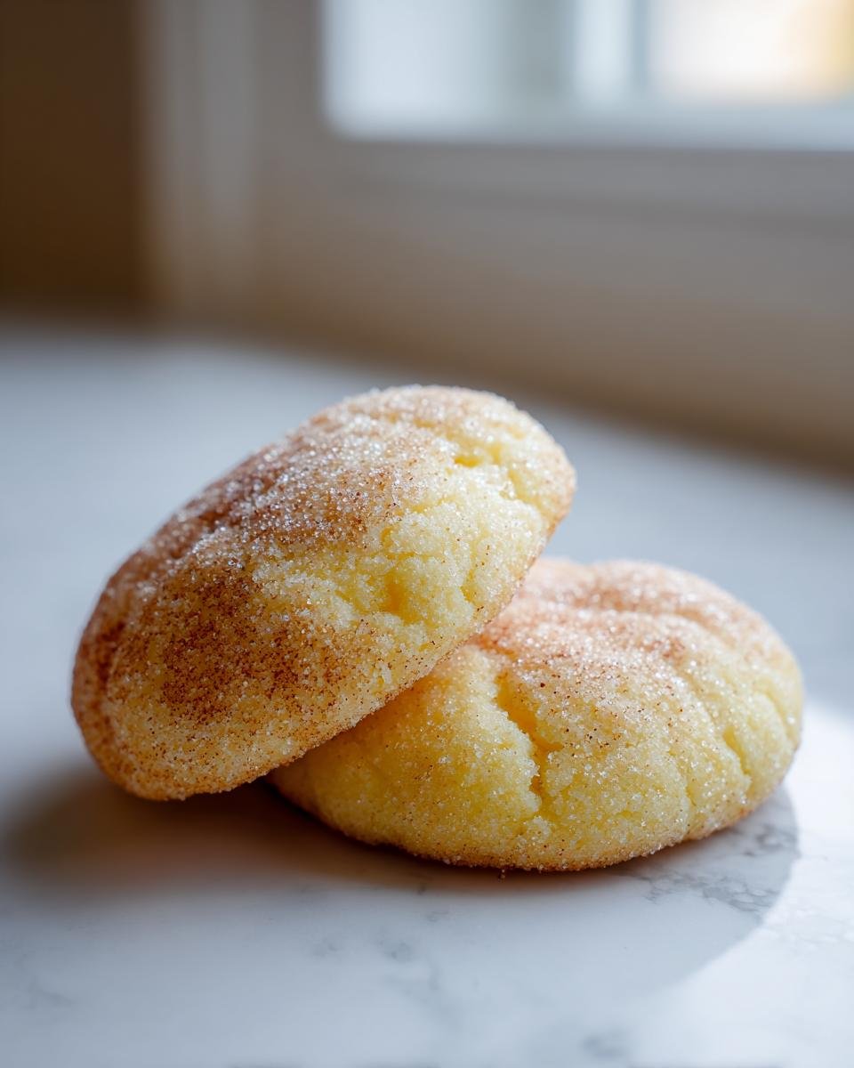 Nahaufnahme von zwei weichen Milchkeksen, bedeckt mit einer Mischung aus Zucker und Zimt, auf einer Marmoroberfl&auml;che.