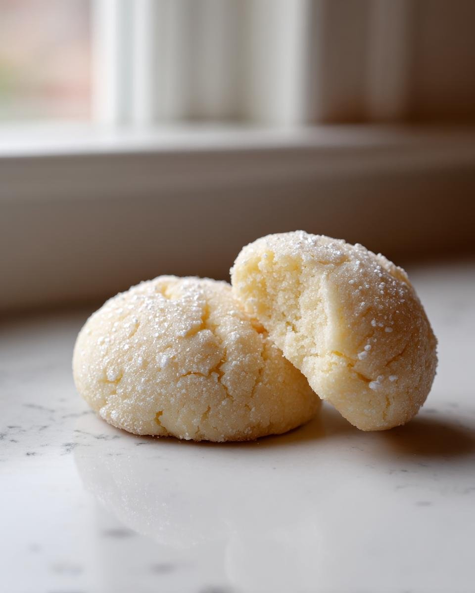 Zwei weiche Milk Cookies, einer davon zerbrochen, best&auml;ubt mit Puderzucker auf Marmor.