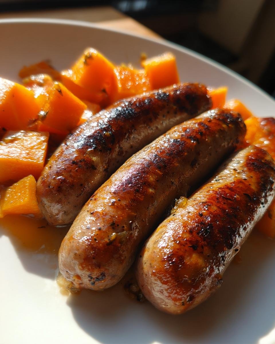 Drei gebratene W&uuml;rstchen mit karamellisierten St&uuml;cken von S&uuml;&szlig;kartoffeln als Beilage.