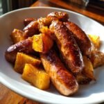 Gebratene W&uuml;rstchen mit karamellisierten St&uuml;cken von White Sweet Potato Honey Garlic Sausages in einer wei&szlig;en Sch&uuml;ssel.