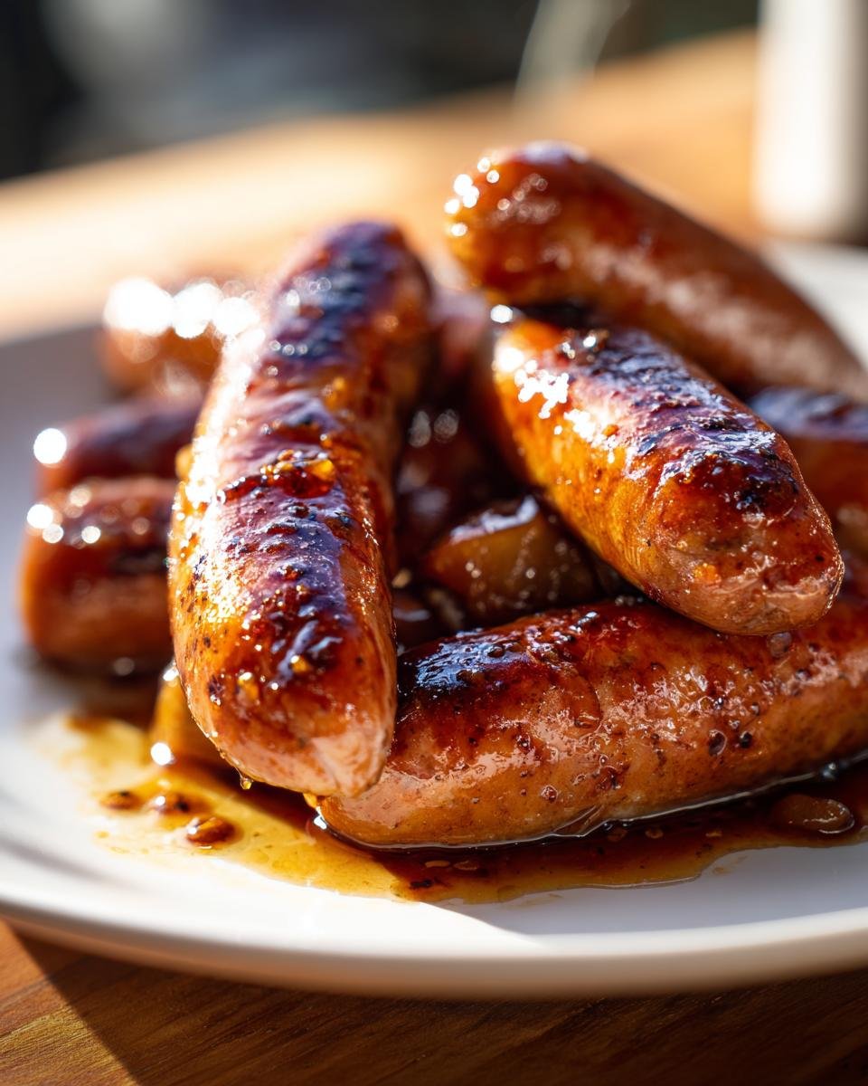 Nahaufnahme von gebratenen White Sweet Potato Honey Garlic Sausages in einer gl&auml;nzenden Honig-Knoblauch-Glasur.