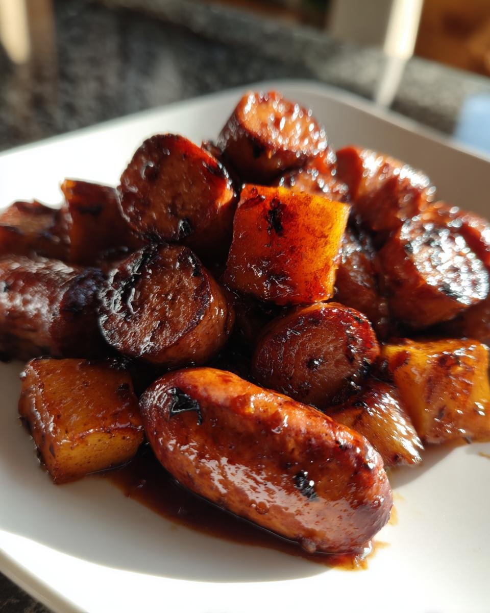 Nahaufnahme von gebratenen W&uuml;rstchen und S&uuml;&szlig;kartoffelst&uuml;cken in einer gl&auml;nzenden Honig-Knoblauch-Sauce.