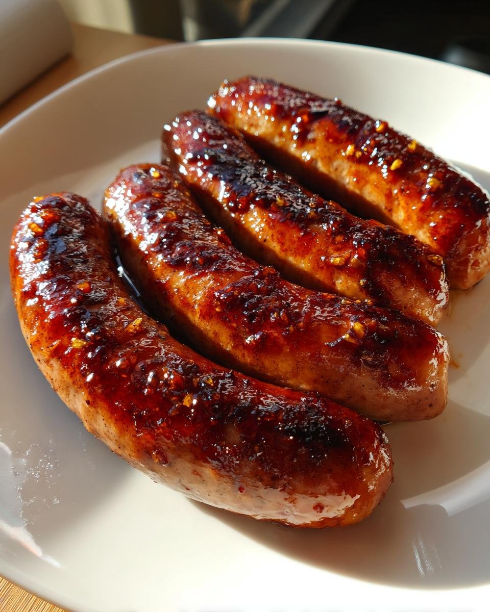 Vier gebratene W&uuml;rstchen mit einer gl&auml;nzenden, karamellisierten Glasur auf einem wei&szlig;en Teller, die das Rezept Wei&szlig;e S&uuml;&szlig;kartoffel Honig Knoblauch W&uuml;rstchen zeigen.