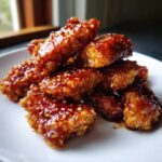 Stapel knuspriger H&auml;hnchenst&uuml;cke mit gl&auml;nzender, dunkler Glasur und Sesam, die zartes Melt In Your Mouth Chicken zeigen.