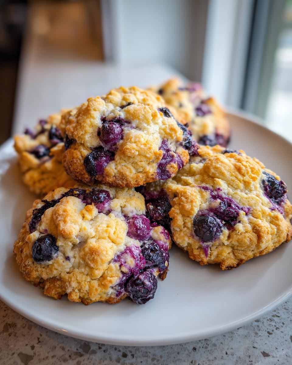 Vier hausgemachte Zesty Lemon Blueberry Cookies mit sichtbaren Blaubeerst&uuml;cken auf einem wei&szlig;en Teller.