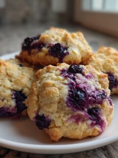 Vier frisch gebackene, zitronige Blaubeer-Kekse auf einem kleinen weißen Teller.