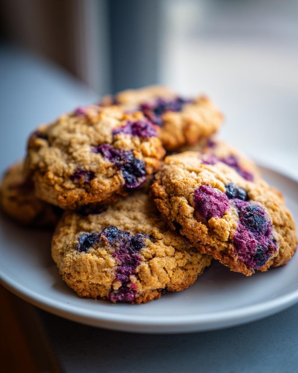 Mehrere gebackene Zesty Lemon Blueberry Cookies mit sichtbaren Blaubeeren auf einem hellen Teller.