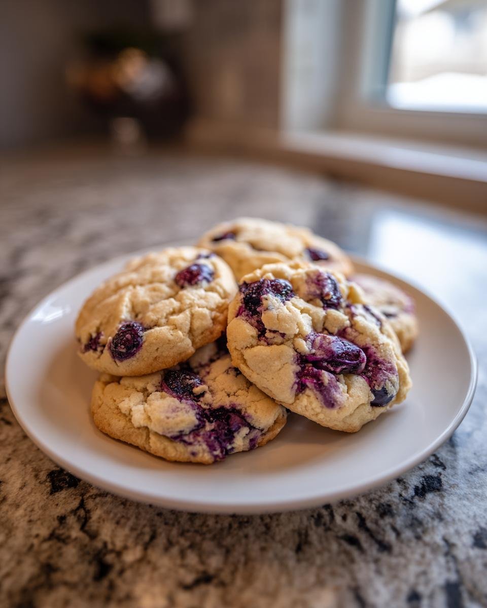 Nahaufnahme von saftigen Zesty Lemon Blueberry Cookies mit sichtbaren Blaubeerst&uuml;cken auf einem wei&szlig;en Teller.