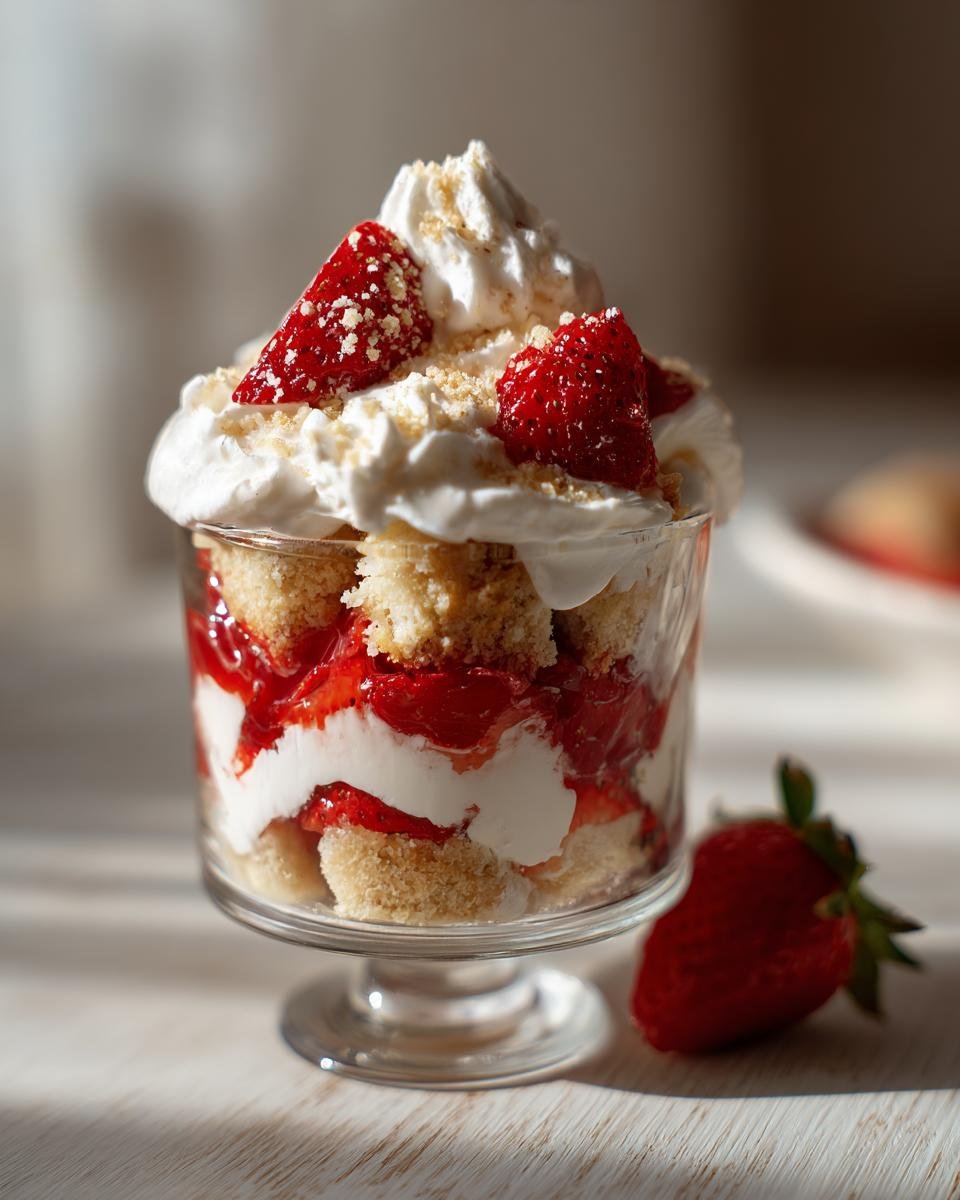 Nahaufnahme eines Strawberry Shortcake Cups im Glas mit Schichten aus Kuchen, Erdbeeren und Sahne.