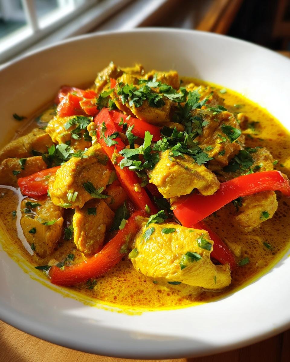 Nahaufnahme von w&uuml;rfeligem Coconut Curry Chicken in cremiger gelber Sauce mit roten Paprikastreifen und frischer Petersilie.