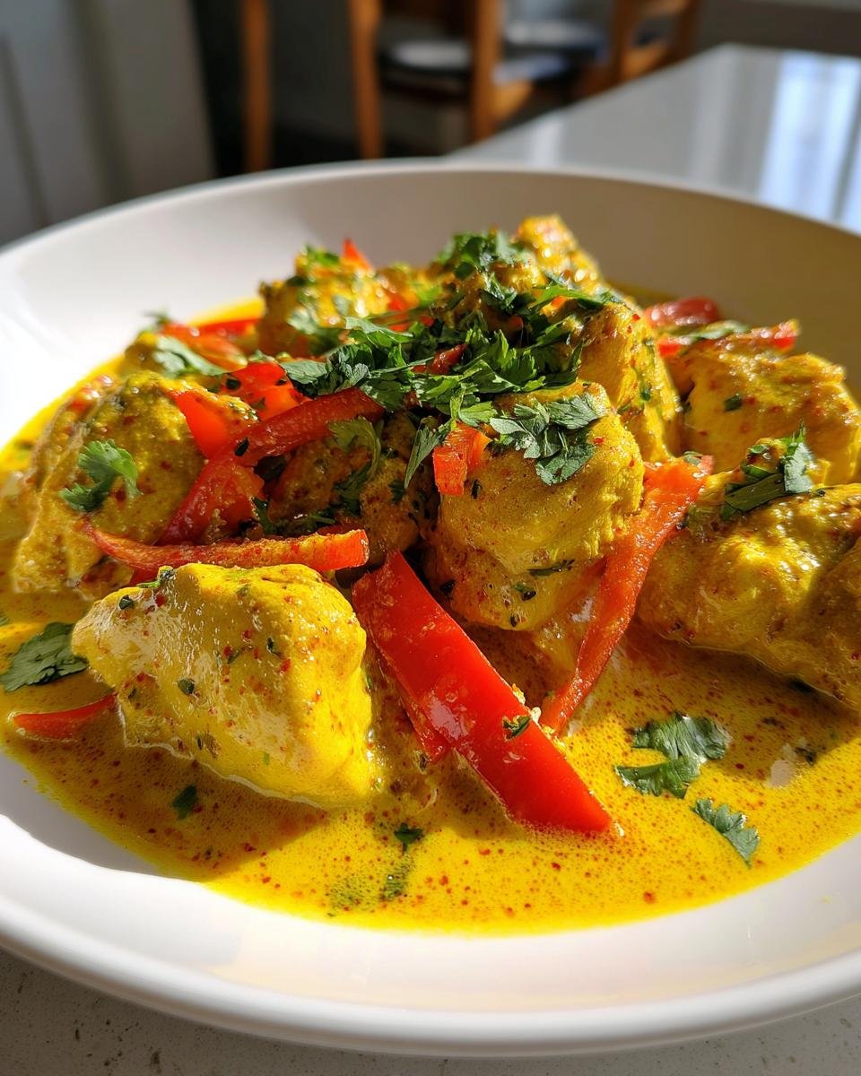 Nahaufnahme von cremigem Coconut Curry Chicken in einer gelben Kokosmilchso&szlig;e mit roten Paprikastreifen und frischer Petersilie.