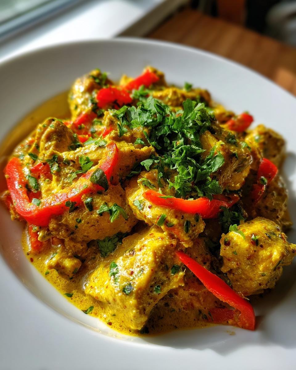 Nahaufnahme von cremigem Coconut Curry Chicken in einer gelben Sauce, garniert mit roten Paprikastreifen und frischer Petersilie.