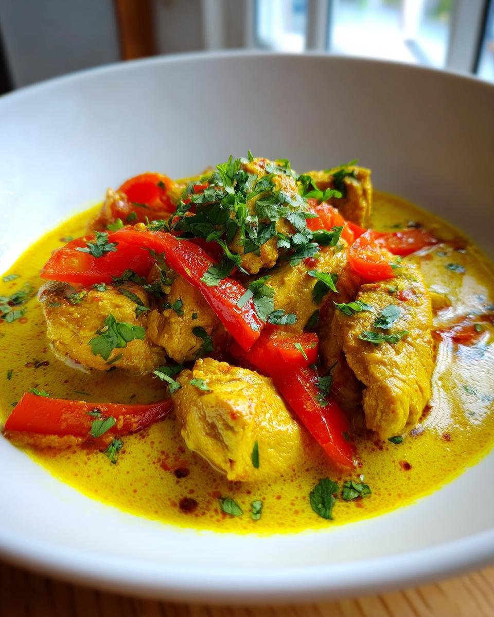 Nahaufnahme von saftigen St&uuml;cken Coconut Curry Chicken in einer leuchtend gelben Kokosmilchso&szlig;e mit roten Paprikastreifen und frischer Petersilie.