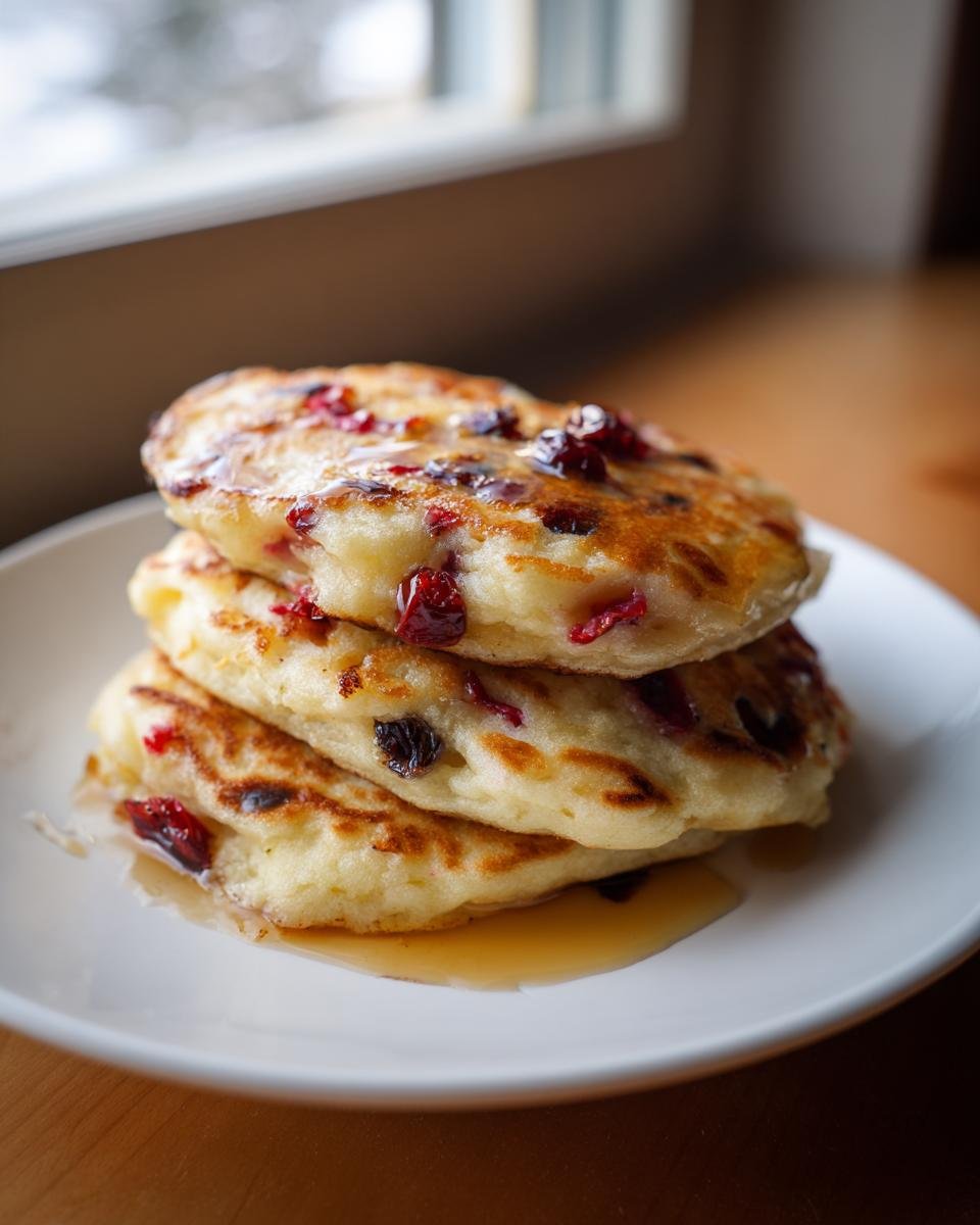 Stapel von fluffigen Cranberry Orange Ricotta Pancakes mit Ahornsirup auf einem weißen Teller.