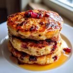 Nahaufnahme eines Stapels fluffiger Cranberry Orange Ricotta Pancakes, betr&auml;ufelt mit Ahornsirup und Cranberry-St&uuml;ckchen.