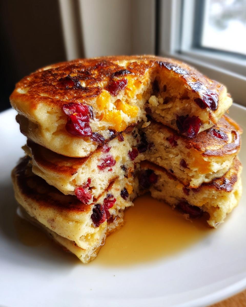 Nahaufnahme eines Stapels fluffiger Cranberry Orange Ricotta Pancakes mit einem Bissen herausgenommen, bedeckt mit Sirup.