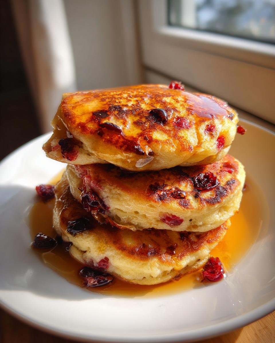 Stapel von fluffigen Cranberry Orange Ricotta Pancakes, beträufelt mit Ahornsirup auf einem weißen Teller.