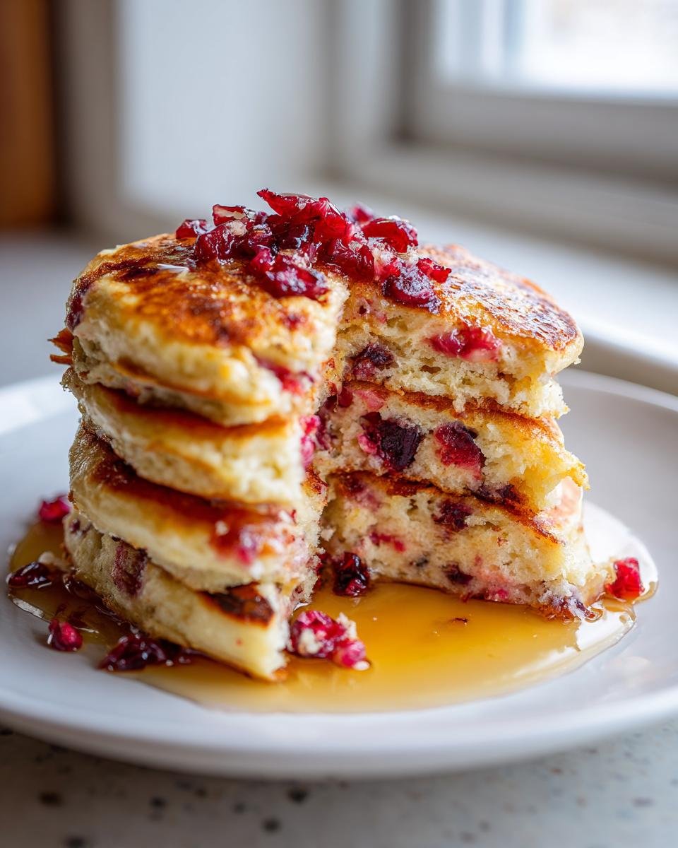 Ein Stapel fluffiger Cranberry Orange Ricotta Pancakes mit einem Stück herausgeschnitten, übergossen mit Sirup und Cranberry-Topping.