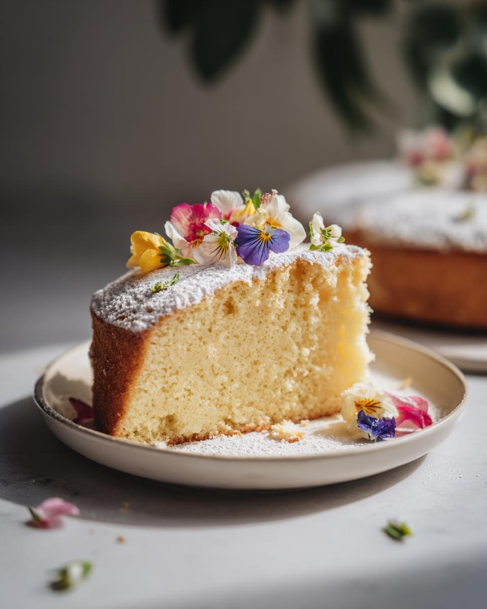 Ein St&uuml;ck luftiger Kuchen, best&auml;ubt mit Puderzucker und dekoriert mit bunten essbaren Bl&uuml;ten, typisch f&uuml;r einen Elegant Spring Cake With Flowers.
