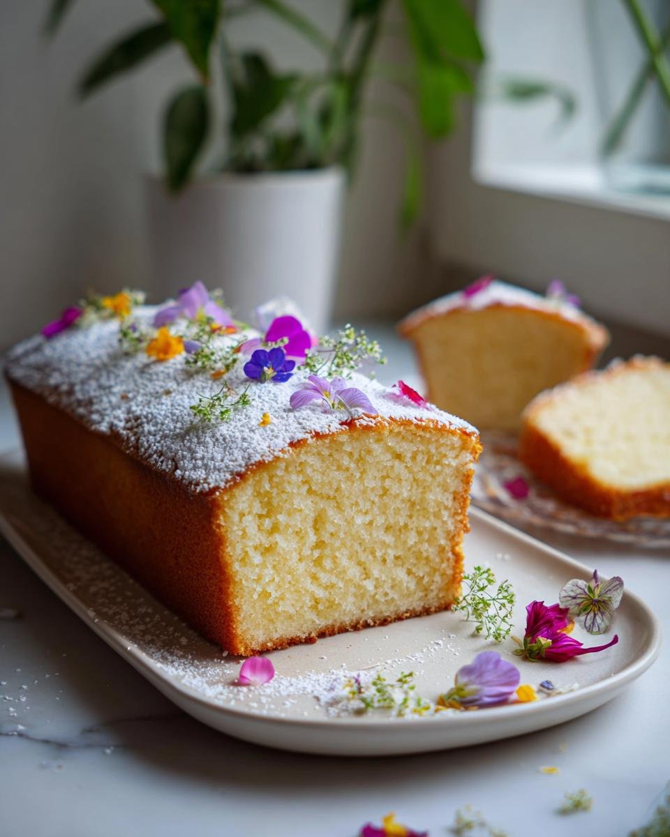 Anschnitt eines eleganten Fr&uuml;hlingskuchen mit Blumen, best&auml;ubt mit Puderzucker, auf einem Teller.