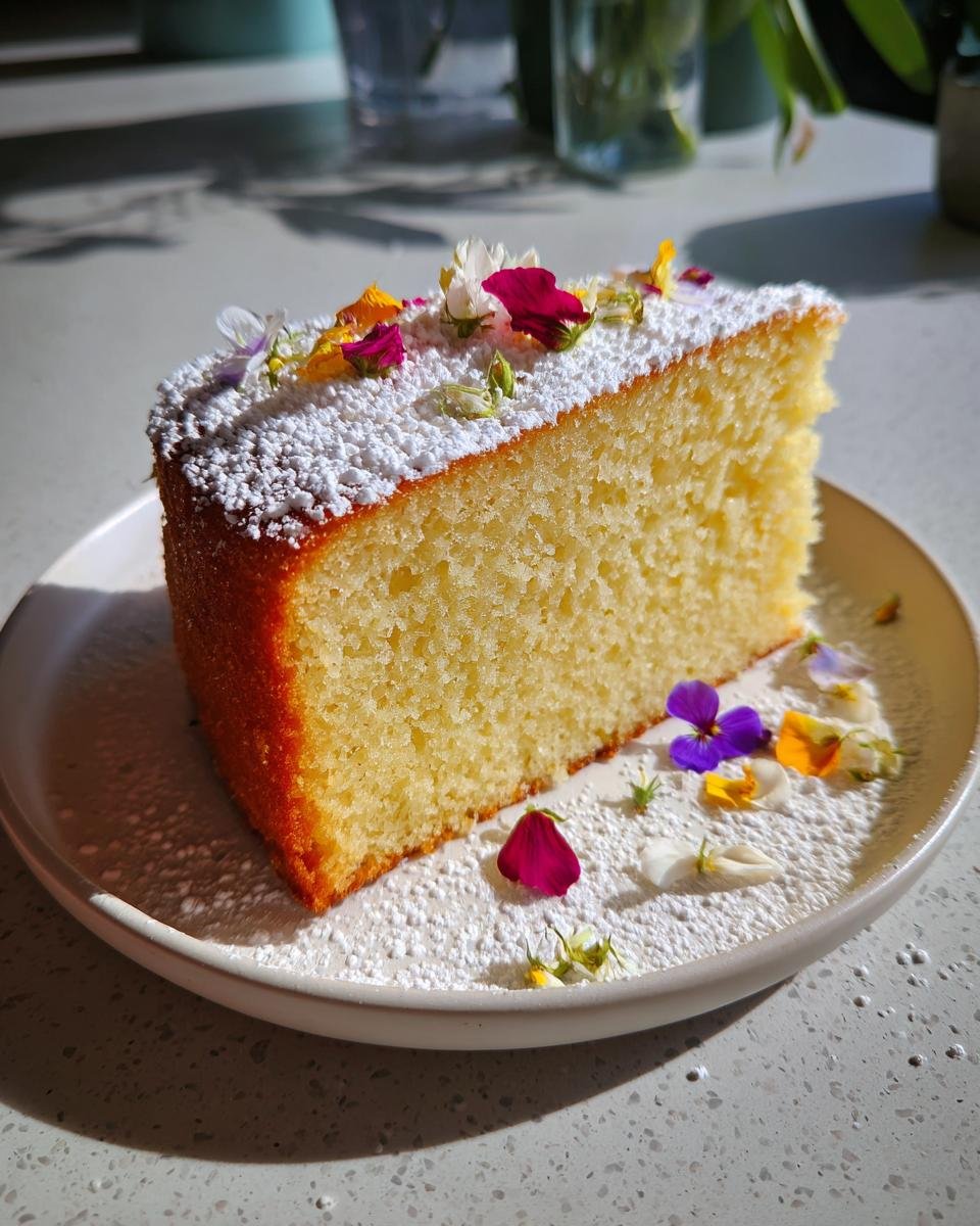 Ein St&uuml;ck heller R&uuml;hrkuchen, best&auml;ubt mit Puderzucker und dekoriert mit bunten essbaren Bl&uuml;ten, das perfekte Elegante Fr&uuml;hlingskuchen mit Blumen.