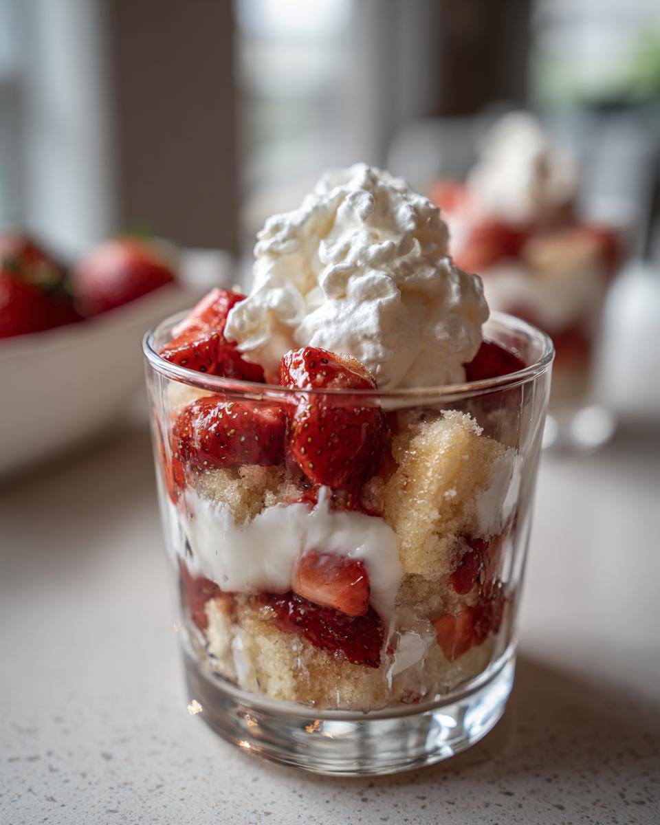 Nahaufnahme von geschichteten Erdbeer Shortcake Cups mit Kuchenst&uuml;cken, Erdbeeren und Sahnehaube in einem Glas.