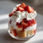 Nahaufnahme von fertigen Strawberry Shortcake Cups im Glas mit Sahne und frischen Erdbeeren.