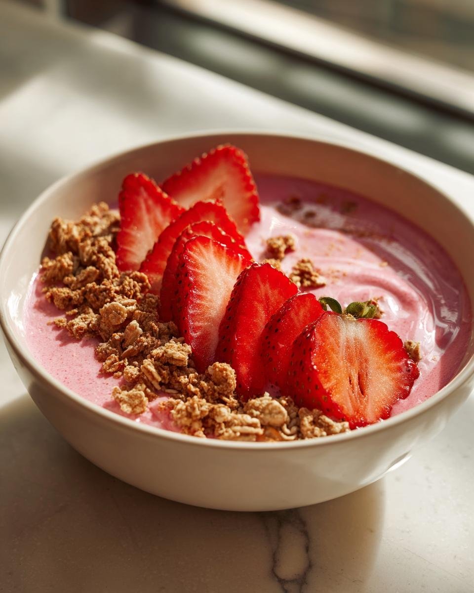 Nahaufnahme eines rosa Strawberry Smoothie Bowl, garniert mit geschnittenen Erdbeeren und knusprigem M&uuml;sli.
