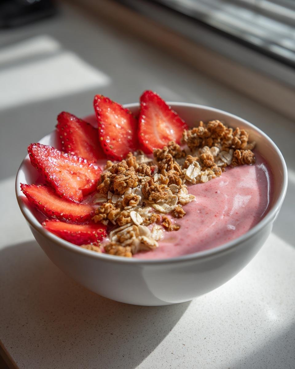 Nahaufnahme eines fertigen Strawberry Smoothie Bowl mit rosa Basis, belegt mit frischen Erdbeerscheiben und knusprigem Granola.