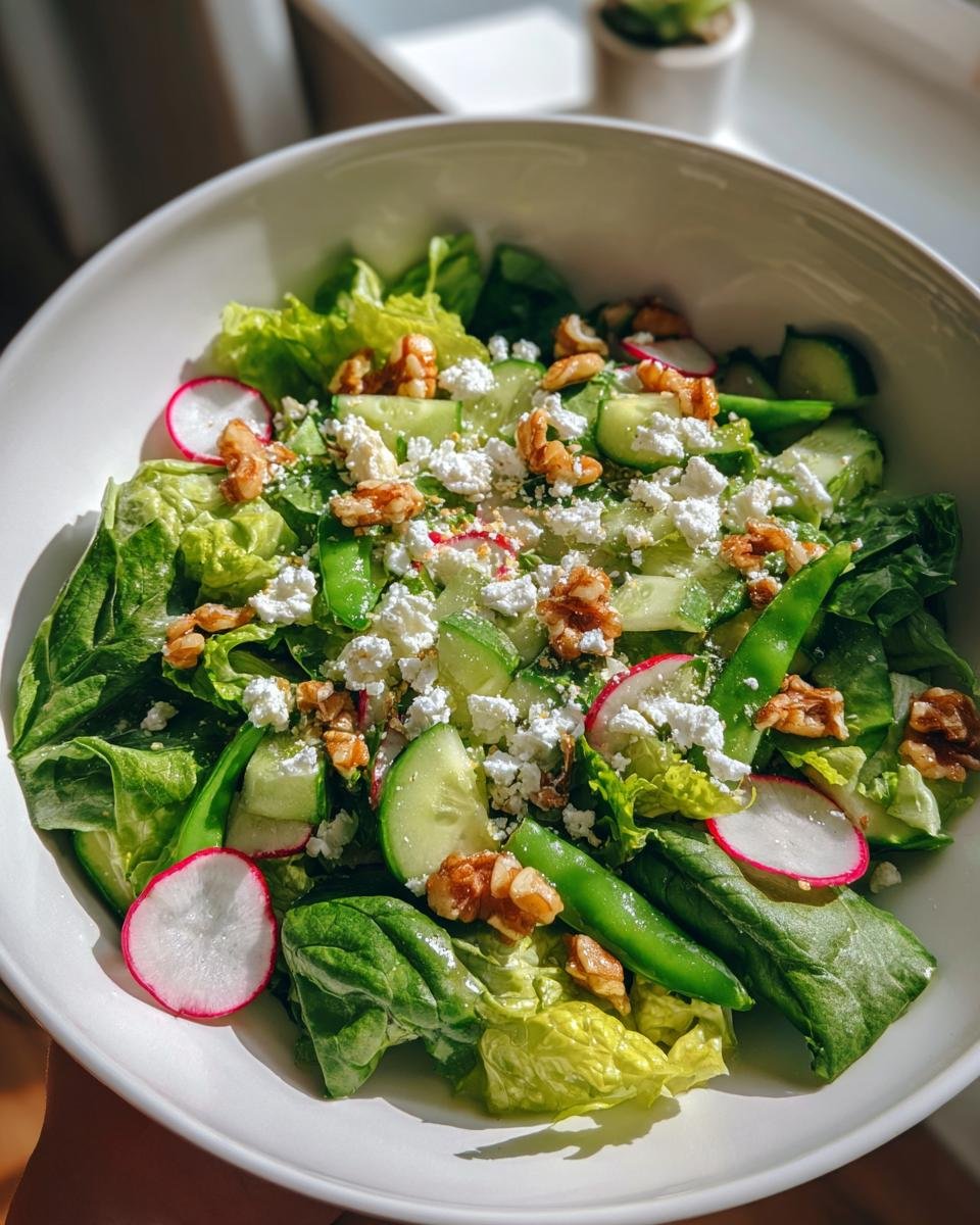Nahaufnahme eines gr&uuml;nen Spring Salad mit Gurkenscheiben, Radieschen, Zuckerschoten, Feta und Waln&uuml;ssen in einer wei&szlig;en Sch&uuml;ssel.