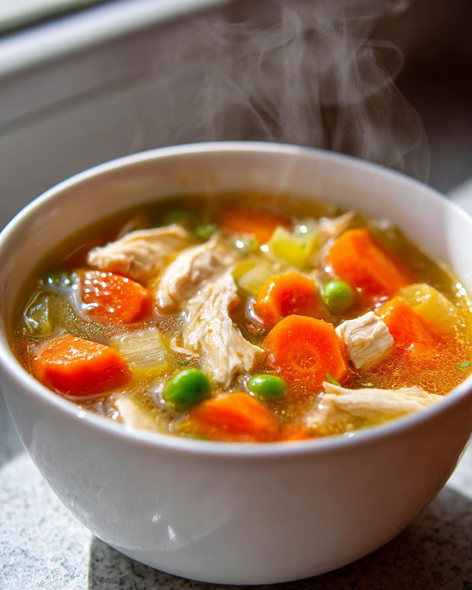 Nahaufnahme einer dampfenden weißen Schüssel mit gesunder Hühnersuppe mit Gemüse, Karotten und Erbsen.