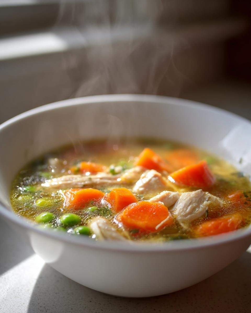 Nahaufnahme einer dampfenden Schüssel mit Gesundes Hühnerfleisch mit Gemüse, Karottenstücken und Erbsen.