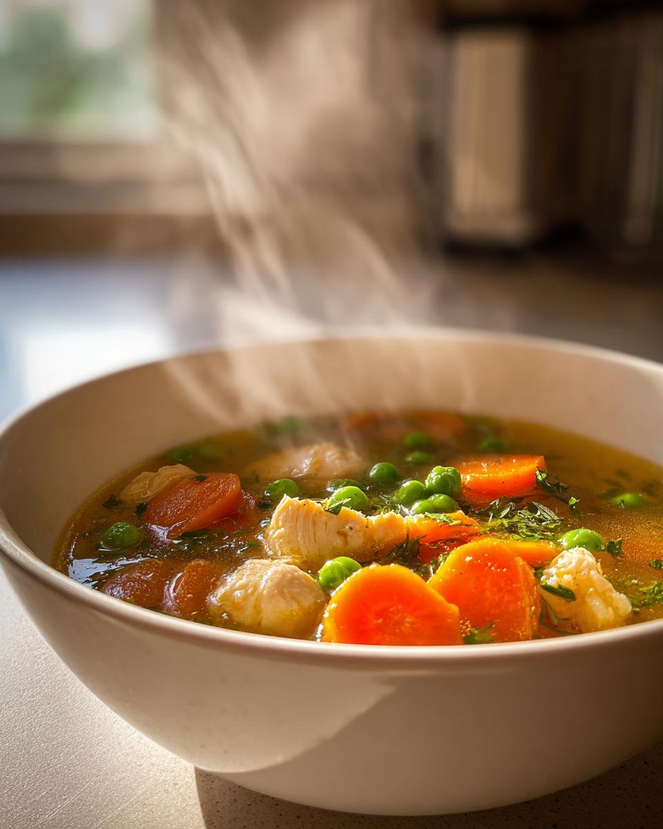 Nahaufnahme einer dampfenden Schüssel mit gesunder Hühnersuppe mit Gemüse, großen Karottenscheiben und Erbsen.