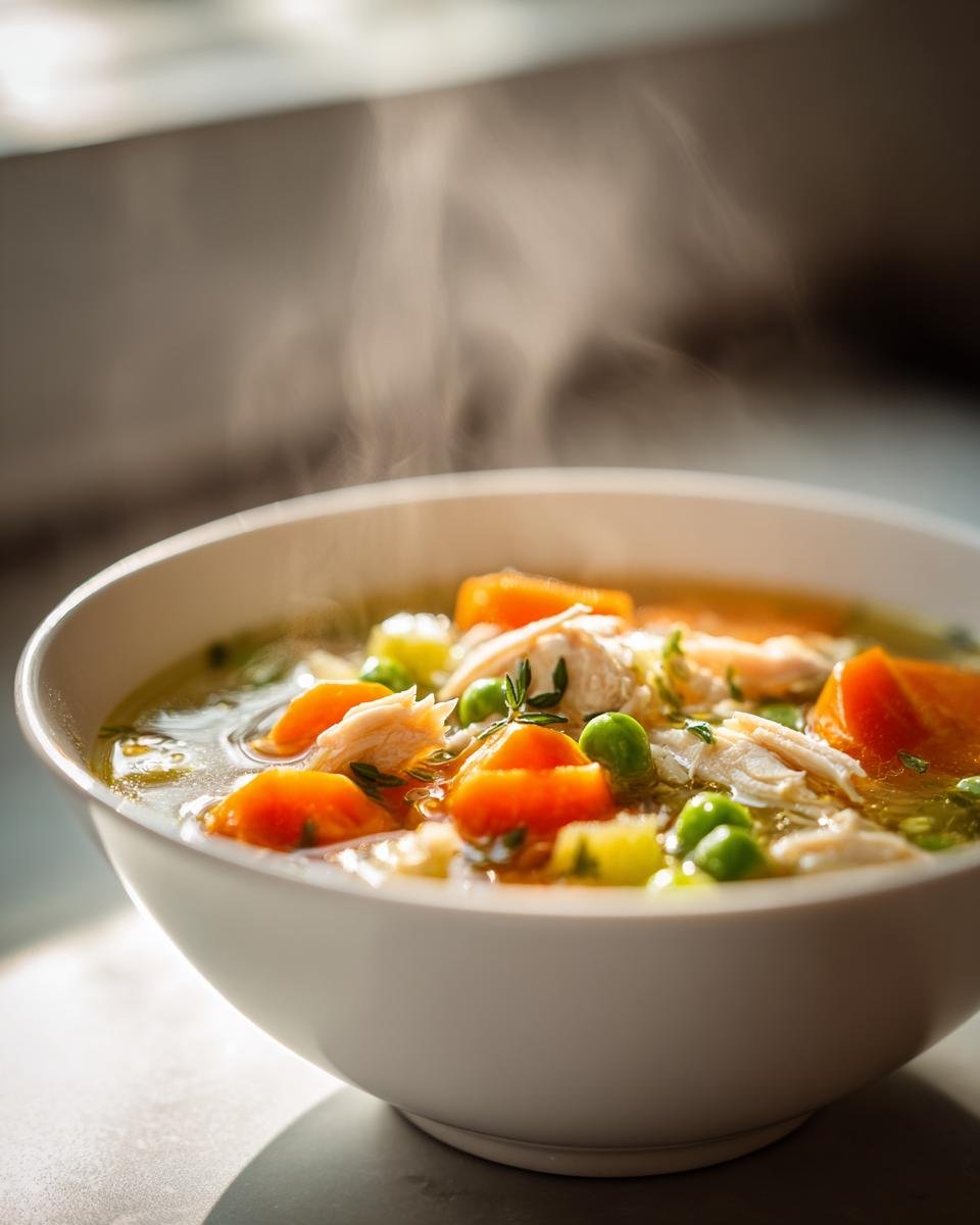 Nahaufnahme einer dampfenden Schüssel mit Healthy Chicken Soup With Vegetables, gefüllt mit Karotten, Erbsen und Hühnchenstücken.