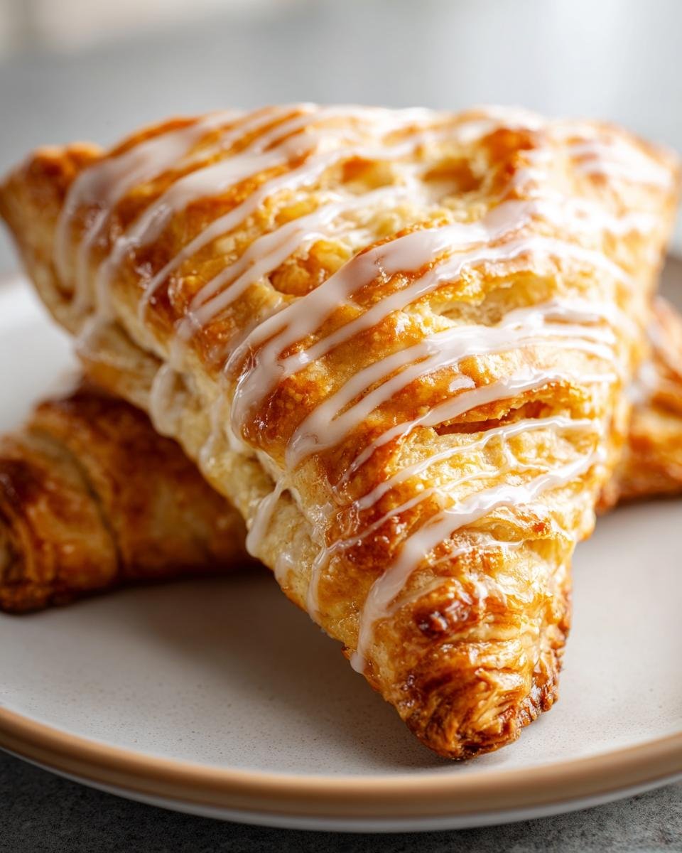 Nahaufnahme von zwei goldbraunen, bl&auml;ttrigen Individual Apple Hand Pies With Glaze auf einem Teller.