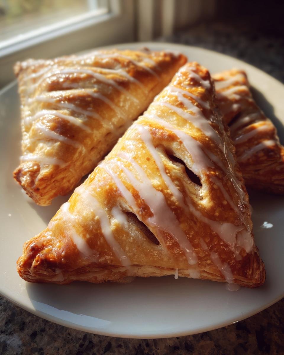 Drei goldbraune Individual Apple Hand Pies With Glaze mit Zuckerguss auf einem wei&szlig;en Teller.